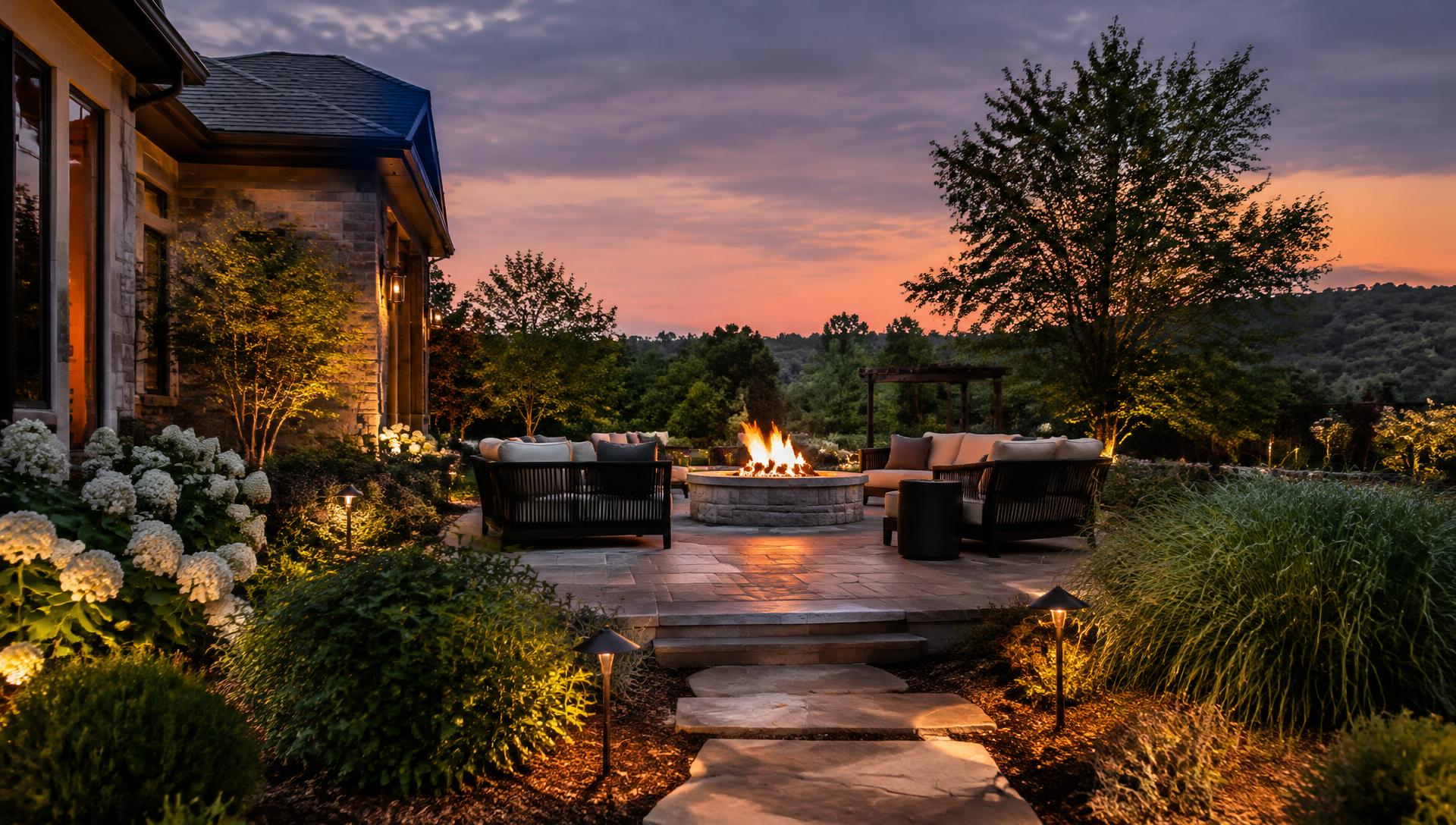Lit outdoor living patio at dusk with fire pit